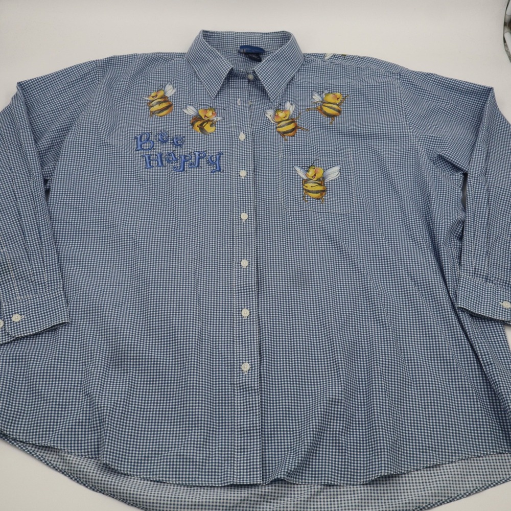 Las Olas Bee Happy Button Down‎ Women 2X Blue Gingham Embroidered Long Sleeve